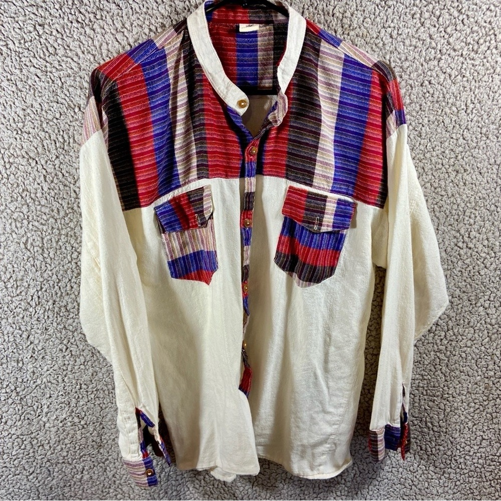 VTG Folklor women cotton top XL hand made Aztec western cowboy festival boho